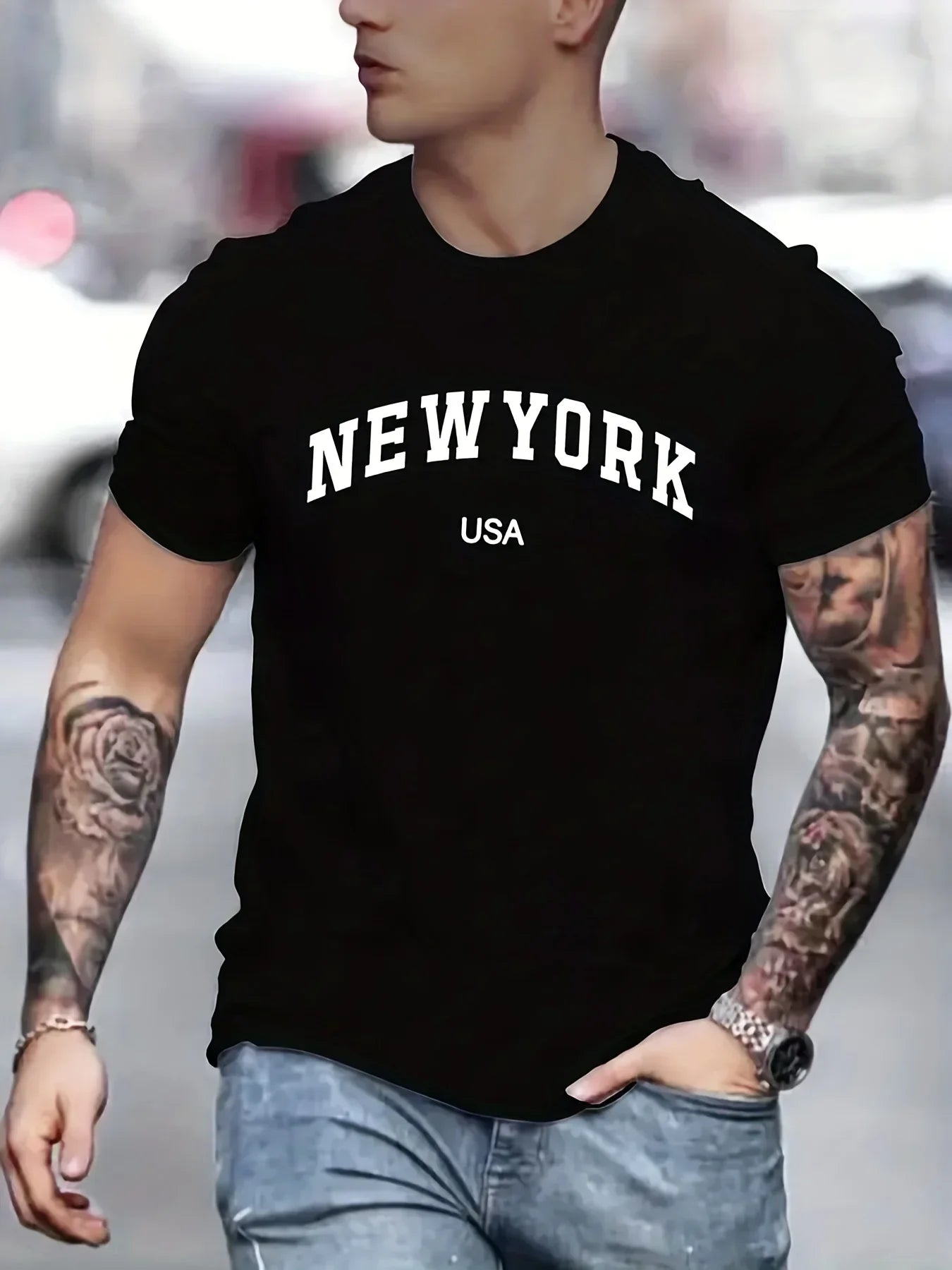 2024 Luxury Fashion Casual Men’s Summer New York Usa Print Retro Pure Cotton Loose Round Neck Short Sleeve T-shirt