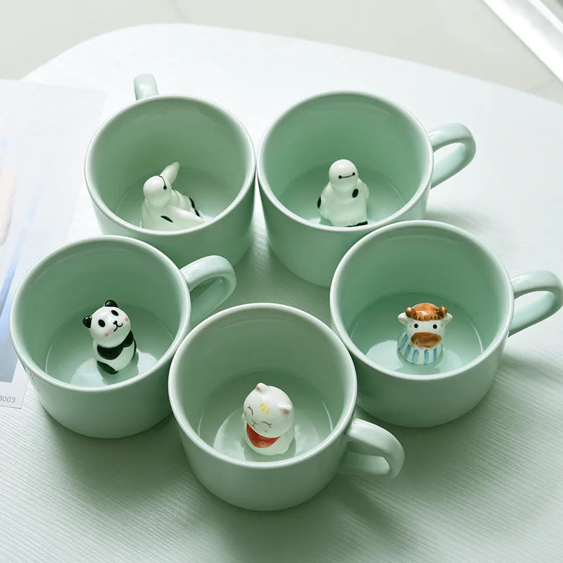 230ml Ceramic Coffee Mug 3D Hand-painted Animal Milk Cup with Cartoon Animal Tea Mugs Reusable Celadon Latte Mug