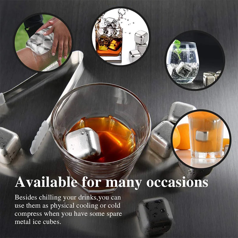 24PCS Stainless Steel Ice Cubes with Ice Clip Reusable Whiskey Stones Vodka for Family Party Wine beer Cooler Bar