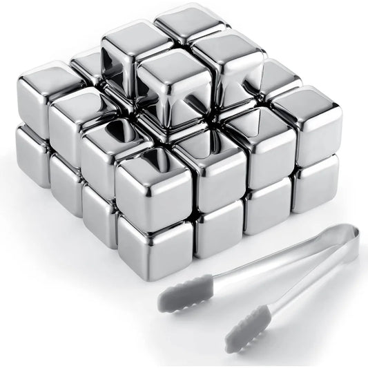 24PCS Stainless Steel Ice Cubes with Ice Clip Reusable Whiskey Stones Vodka for Family Party Wine beer Cooler Bar