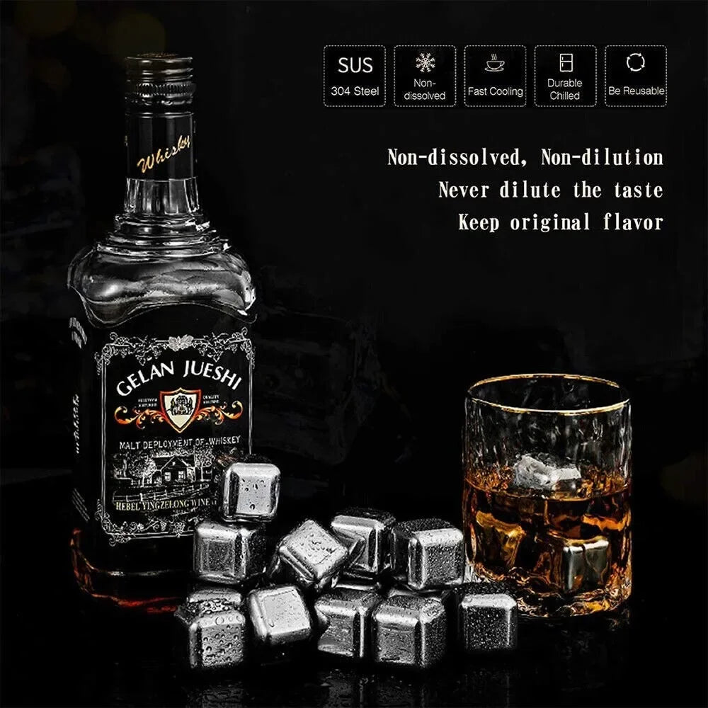 24PCS Stainless Steel Ice Cubes with Ice Clip Reusable Whiskey Stones Vodka for Family Party Wine beer Cooler Bar