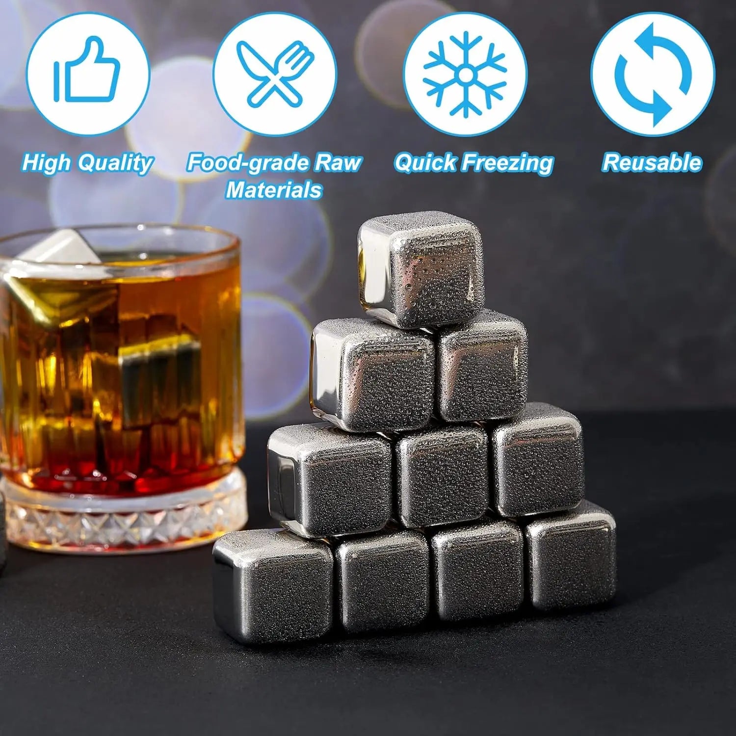 24PCS Stainless Steel Ice Cubes with Ice Clip Reusable Whiskey Stones Vodka for Family Party Wine beer Cooler Bar