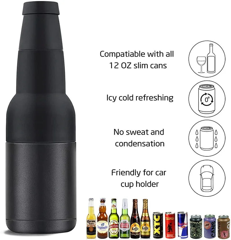 3 in 1 Stainless Steel Beer Drink Can Bottle Holder with Cola Opener Double Wall Vacuum Insulated Bottle for Beer