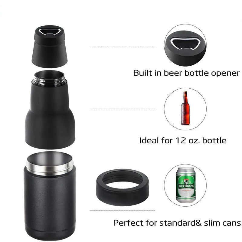 3 in 1 Stainless Steel Beer Drink Can Bottle Holder with Cola Opener Double Wall Vacuum Insulated Bottle for Beer