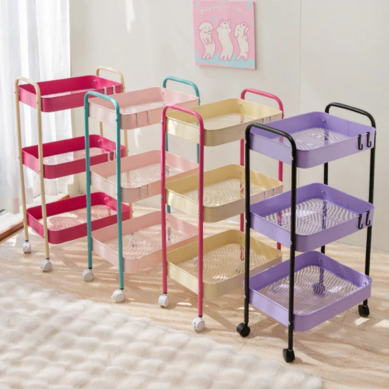 3 Layer Contrast Color Trolley Storage Shelf Multi-layer Movable Trolley Cosmetics Snack Storage Rack Bathroom Mobile