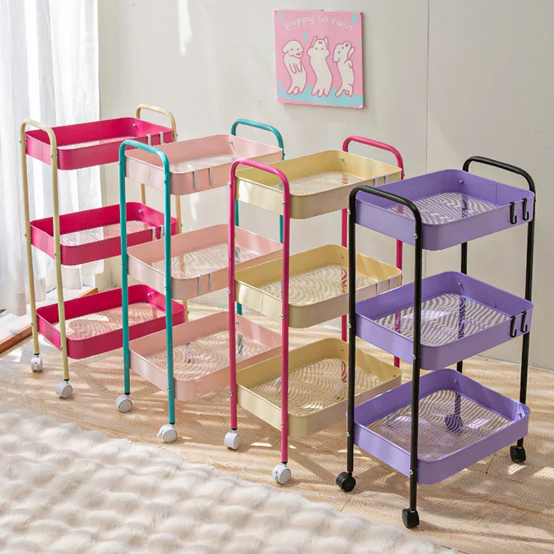 3 Layer Contrast Color Trolley Storage Shelf Multi-layer Movable Trolley Cosmetics Snack Storage Rack Bathroom Mobile