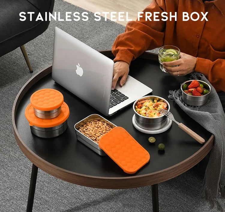 304 Stainless Steel Lunch Box Refrigerator Fresh Keeping Box with Silicone Lid Food Storage Containers Bento Kitchen