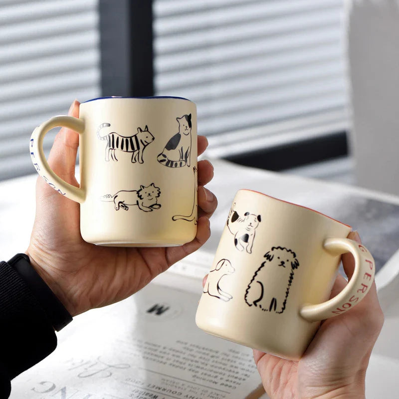 420ml Ceramic Cat & Dog Couple Mug Heat Resistant Milk Coffee Mug Hand Painted Household Juice Cup Microwave Safe