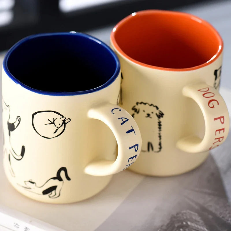 420ml Ceramic Cat & Dog Couple Mug Heat Resistant Milk Coffee Mug Hand Painted Household Juice Cup Microwave Safe