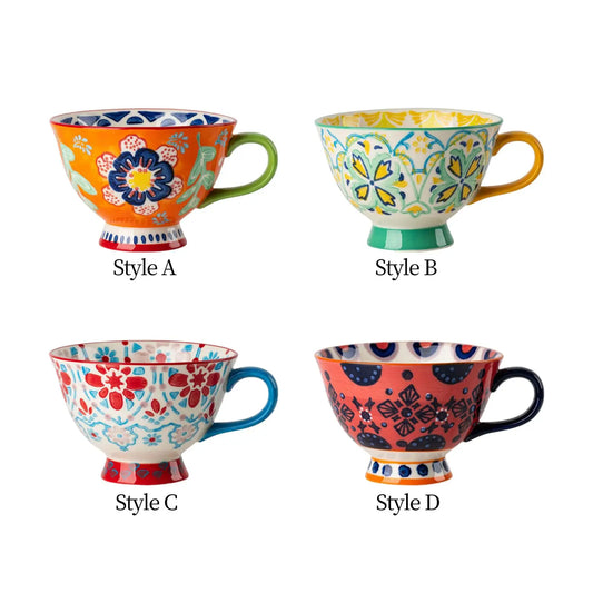 420ml Ceramic Cup Cups Hand Painted Floral Pattern Retro Creative Coffee Mugs for Latte Water Restaurant Office Family