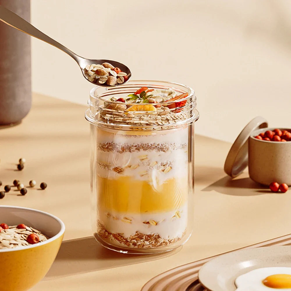 430ML New Breakfast Cups Oatmeal Cereal Nut Yogurt Salad Cup Leakproof Glass Oats Container With Lid Spoon Food Storage