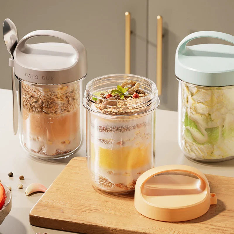 430ML New Breakfast Cups Oatmeal Cereal Nut Yogurt Salad Cup Leakproof Glass Oats Container With Lid Spoon Food Storage