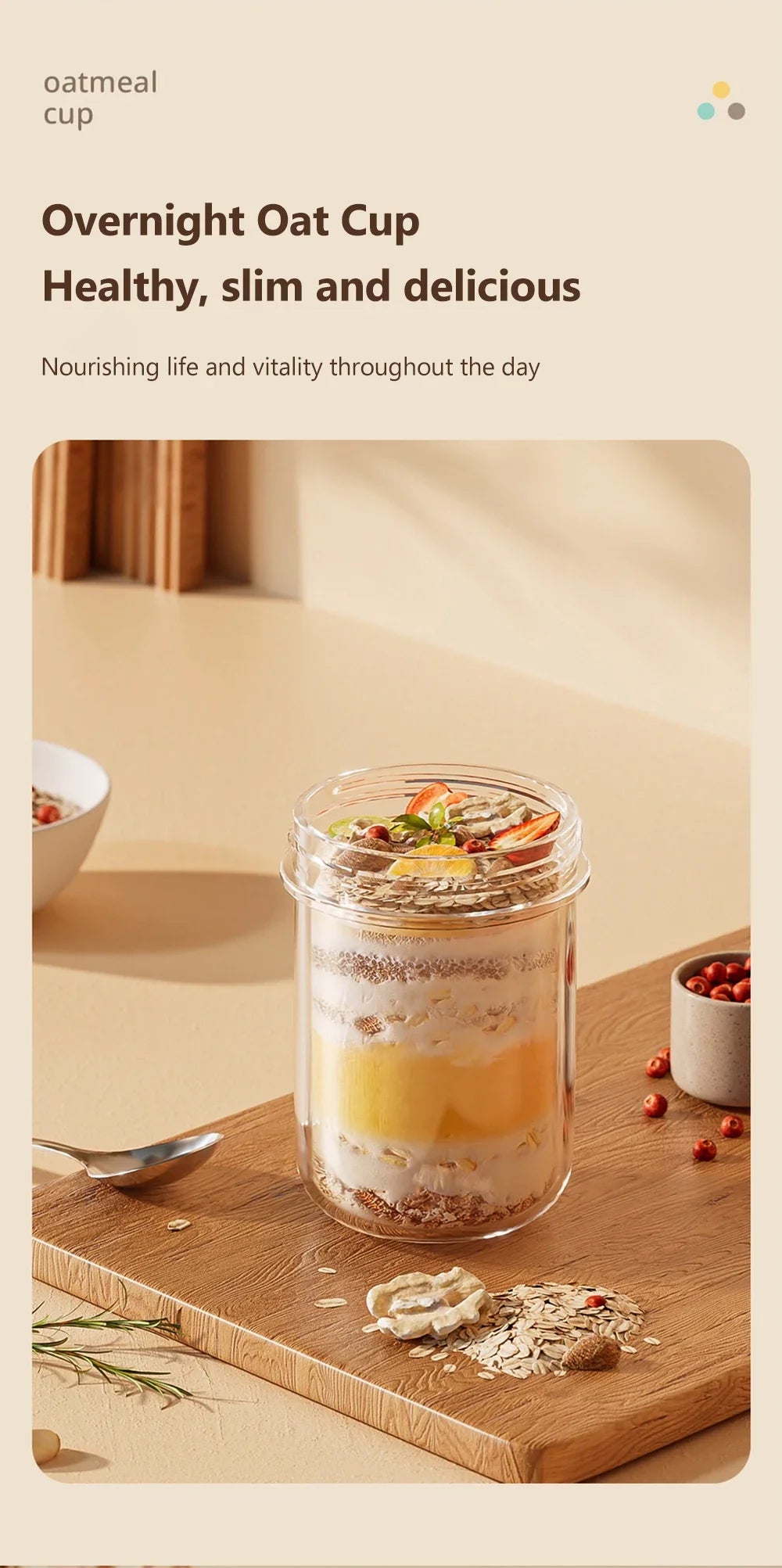 430ML New Breakfast Cups Oatmeal Cereal Nut Yogurt Salad Cup Leakproof Glass Oats Container With Lid Spoon Food Storage