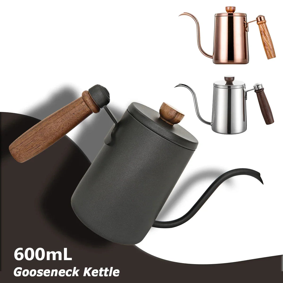 580ml Stainless Steel Drip Coffee Pot Nonstick Gooseneck Drip Coffee Pot Wooden Handle Coffee Pot with Thermometer