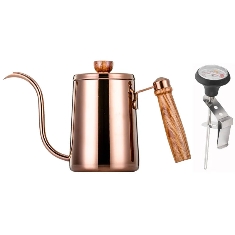 580ml Stainless Steel Drip Coffee Pot Nonstick Gooseneck Drip Coffee Pot Wooden Handle Coffee Pot with Thermometer