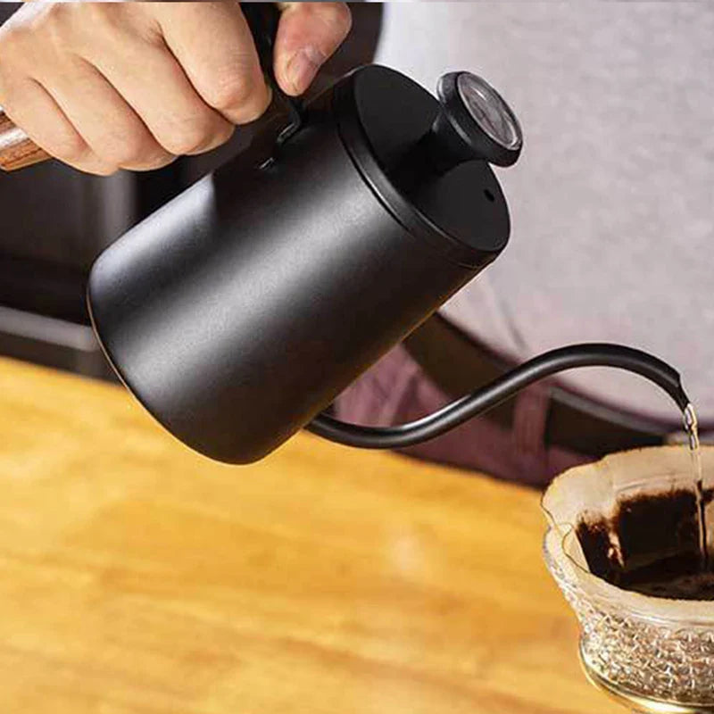 580ml Stainless Steel Drip Coffee Pot Nonstick Gooseneck Drip Coffee Pot Wooden Handle Coffee Pot with Thermometer