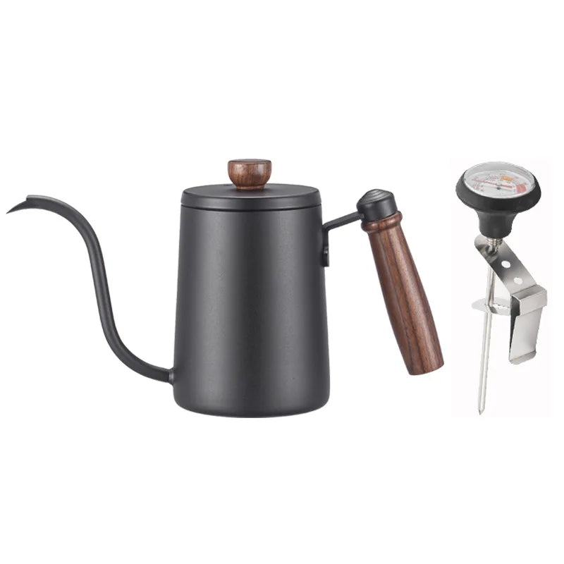 580ml Stainless Steel Drip Coffee Pot Nonstick Gooseneck Drip Coffee Pot Wooden Handle Coffee Pot with Thermometer