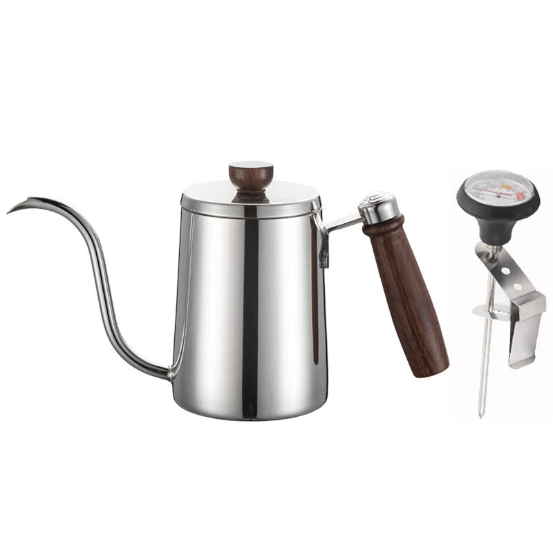 580ml Stainless Steel Drip Coffee Pot Nonstick Gooseneck Drip Coffee Pot Wooden Handle Coffee Pot with Thermometer