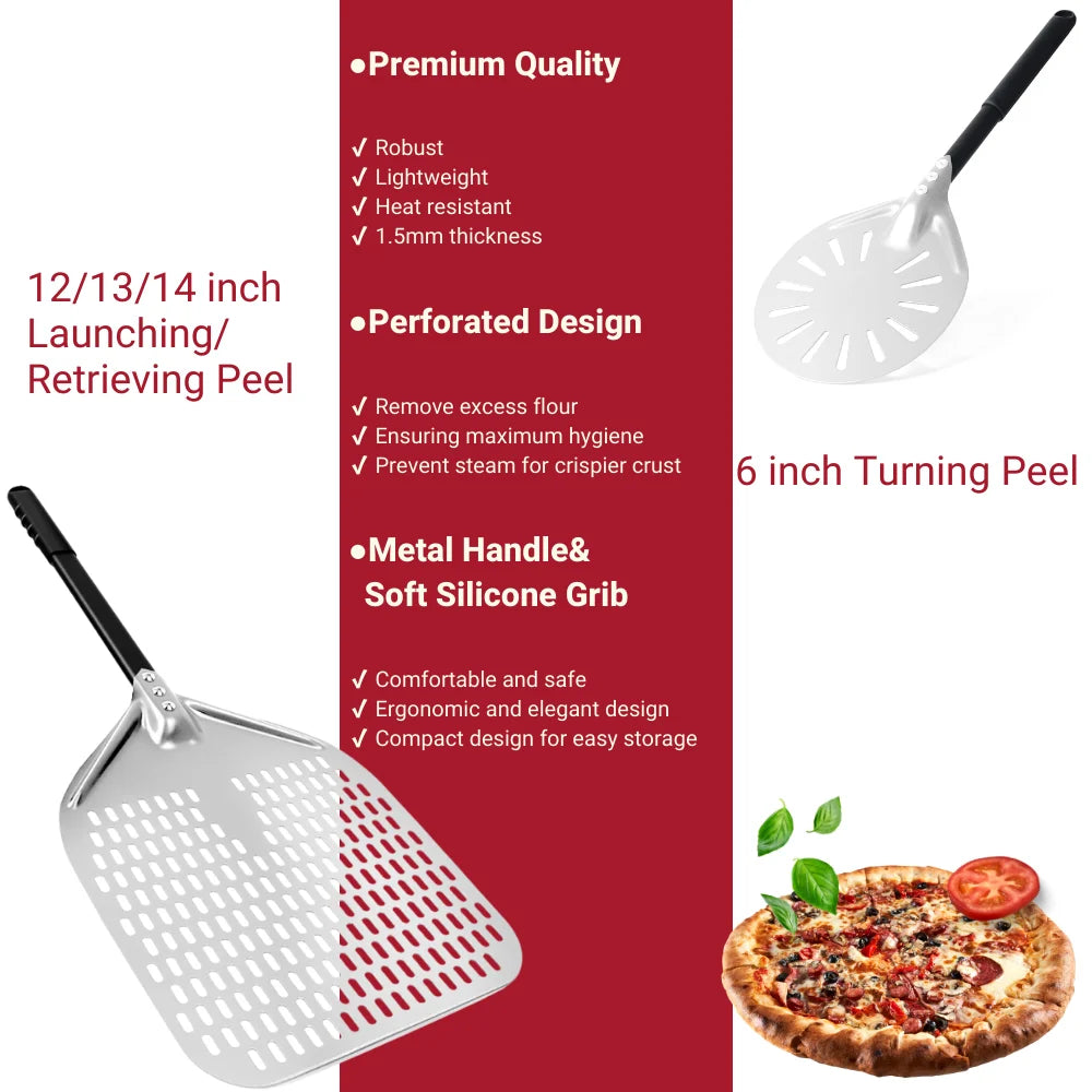 6&12 13 14 Inch Pizza Set Perforated Shovel Paddle Pizza Oven Turning Peel Hard Anodized Pizza Baking Kitchen Tool