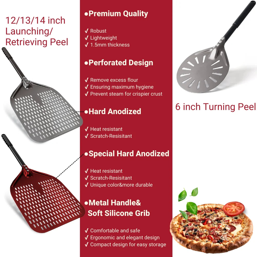 6&12 13 14 Inch Pizza Set Perforated Shovel Paddle Pizza Oven Turning Peel Hard Anodized Pizza Baking Kitchen Tool