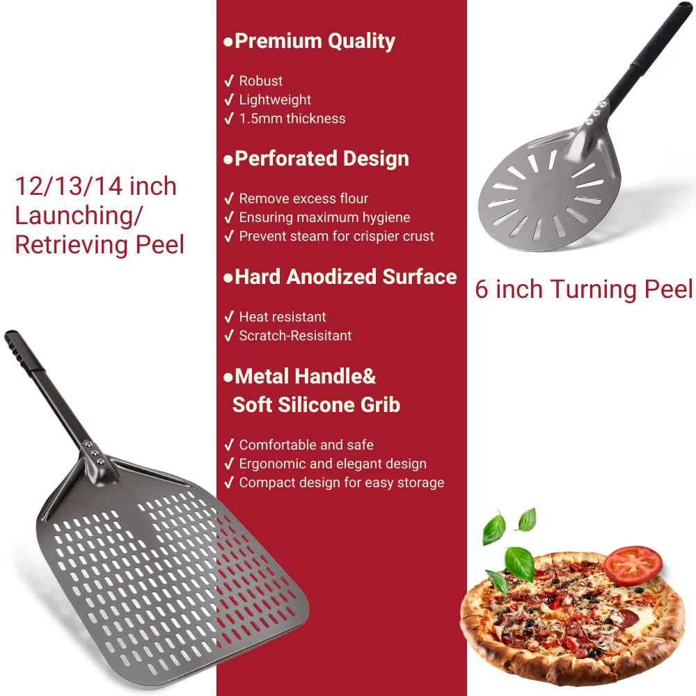 6&12 13 14 Inch Pizza Set Perforated Shovel Paddle Pizza Oven Turning Peel Hard Anodized Pizza Baking Kitchen Tool