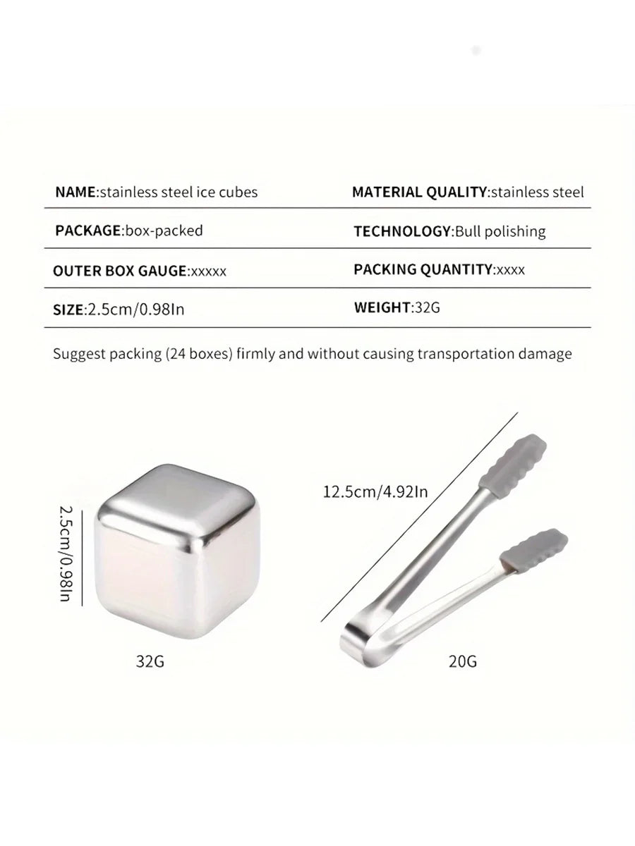 6 Piece Whiskey Ice Cubes Set with Silicone Head Tongs and Ice Cube Trays Stainless Steel Ice Cubes Reusable