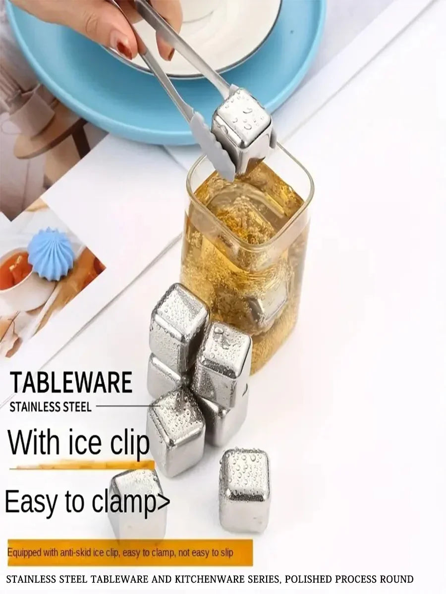 6 Piece Whiskey Ice Cubes Set with Silicone Head Tongs and Ice Cube Trays Stainless Steel Ice Cubes Reusable