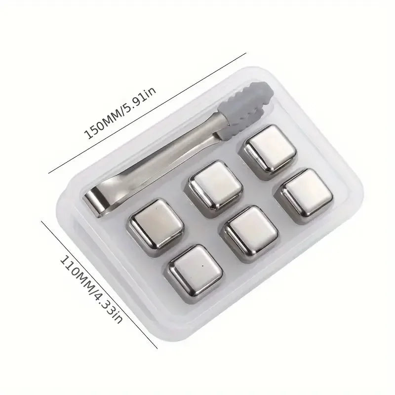 6 Piece Whiskey Ice Cubes Set with Silicone Head Tongs and Ice Cube Trays Stainless Steel Ice Cubes Reusable