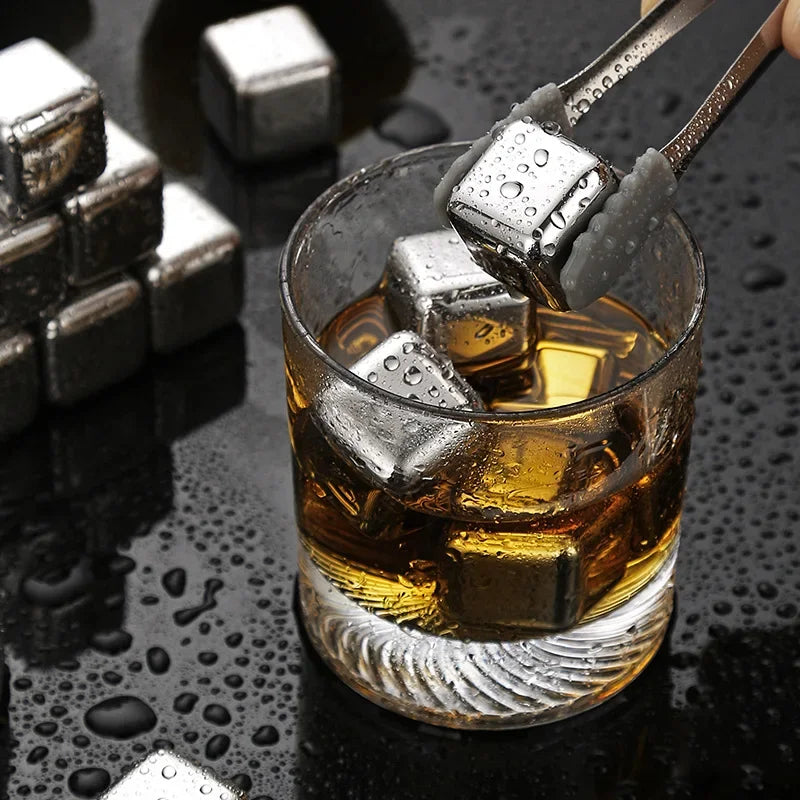 6 Piece Whiskey Ice Cubes Set with Silicone Head Tongs and Ice Cube Trays Stainless Steel Ice Cubes Reusable