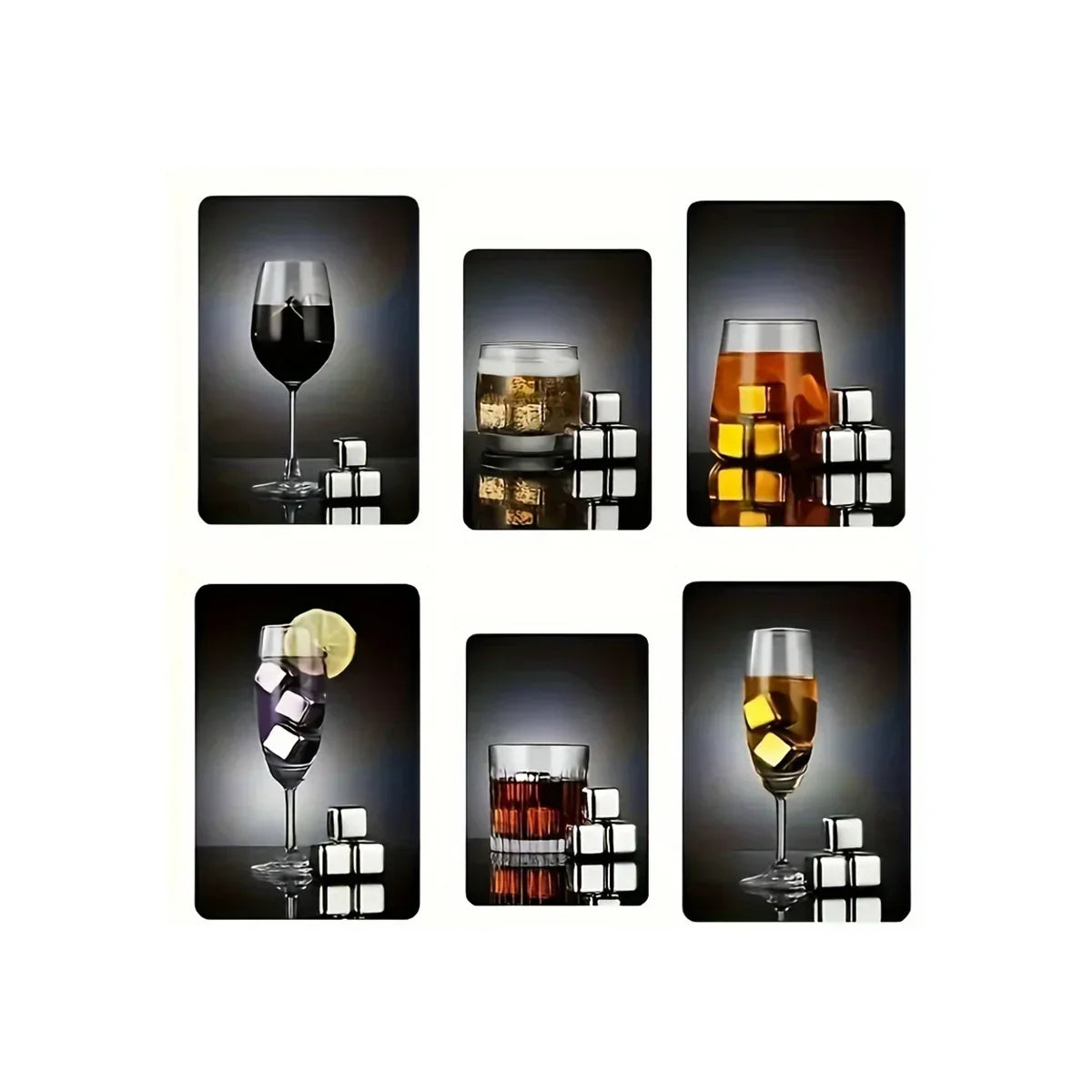 6 Piece Whiskey Ice Cubes Set with Silicone Head Tongs and Ice Cube Trays Stainless Steel Ice Cubes Reusable