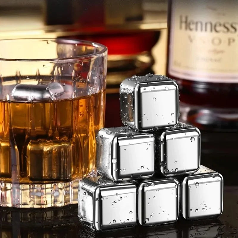 6 Piece Whiskey Ice Cubes Set with Silicone Head Tongs and Ice Cube Trays Stainless Steel Ice Cubes Reusable