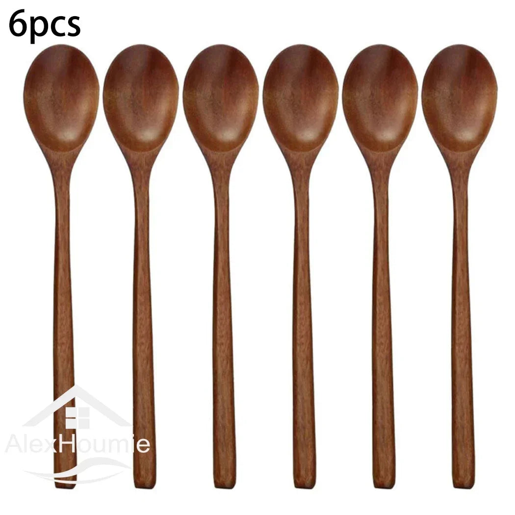 6 Piece Wooden Spoon Bamboo Kitchen Korean Style 9 ’’ Inch Natural Wood Soup Tableware Cooking Honey Coffee Spoon