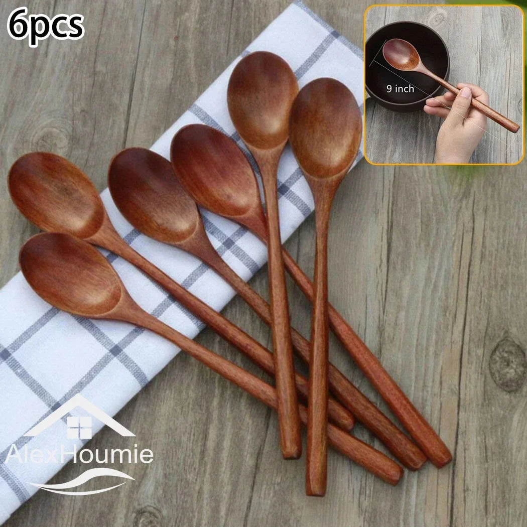 6 Piece Wooden Spoon Bamboo Kitchen Korean Style 9 ’’ Inch Natural Wood Soup Tableware Cooking Honey Coffee Spoon