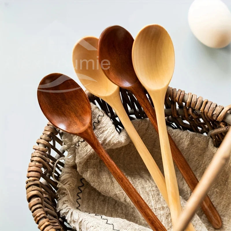 6 Piece Wooden Spoon Bamboo Kitchen Korean Style 9 ’’ Inch Natural Wood Soup Tableware Cooking Honey Coffee Spoon