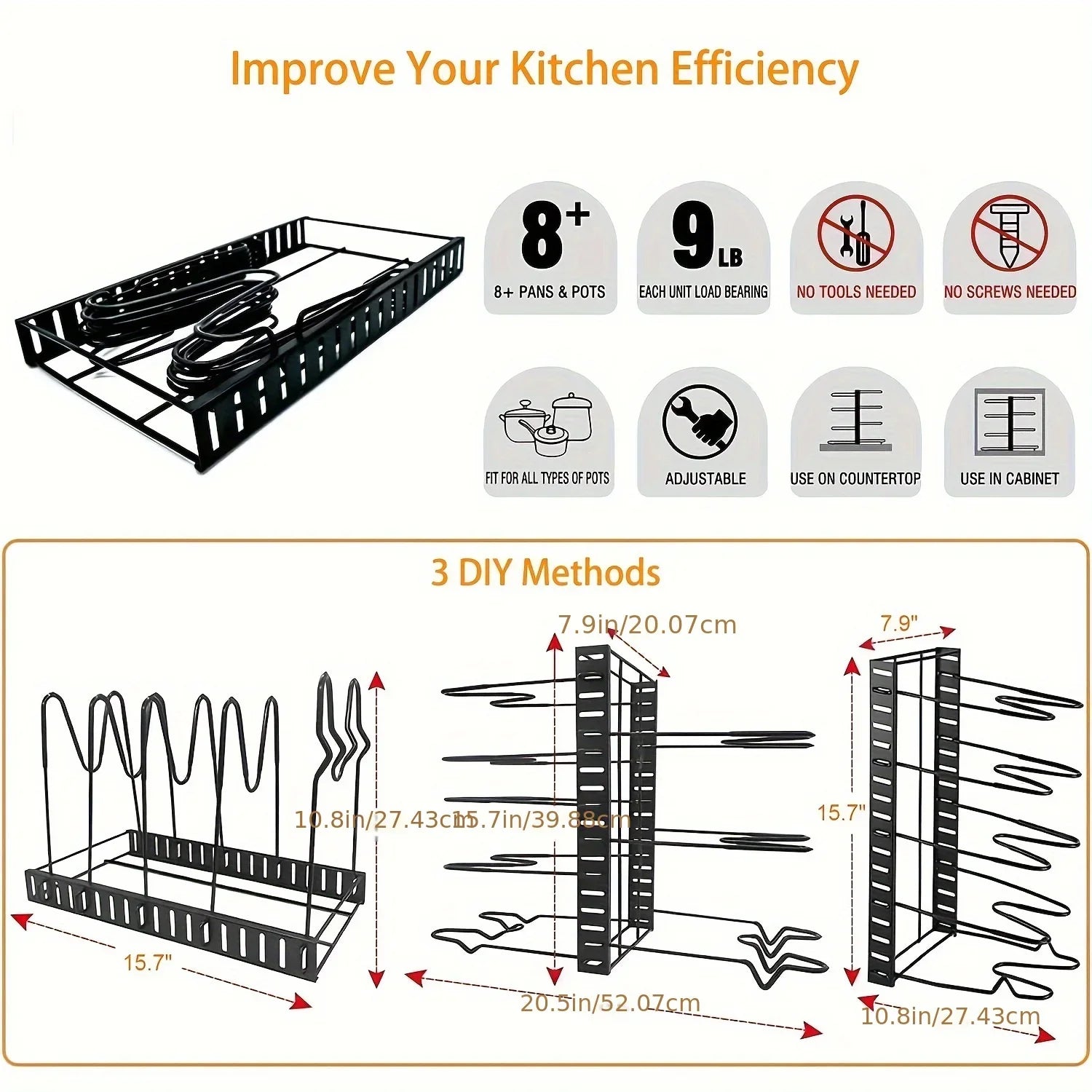 8-Tier Duty Pot Rack Organizer Durable Metal,Space-saving Cabinet Holder for Pots,Pans and lids-Keep Your Kitchen Neat