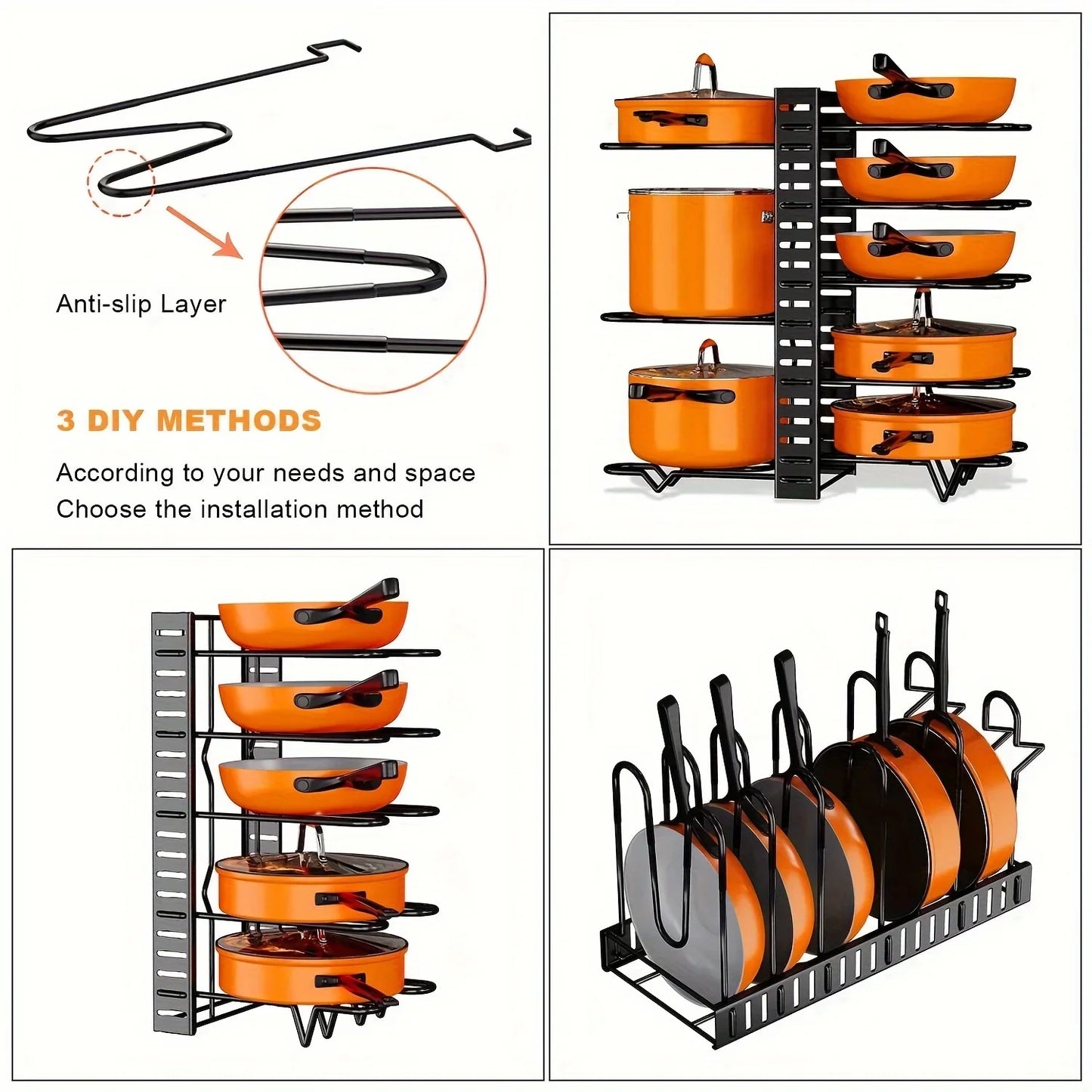 8-Tier Duty Pot Rack Organizer Durable Metal,Space-saving Cabinet Holder for Pots,Pans and lids-Keep Your Kitchen Neat