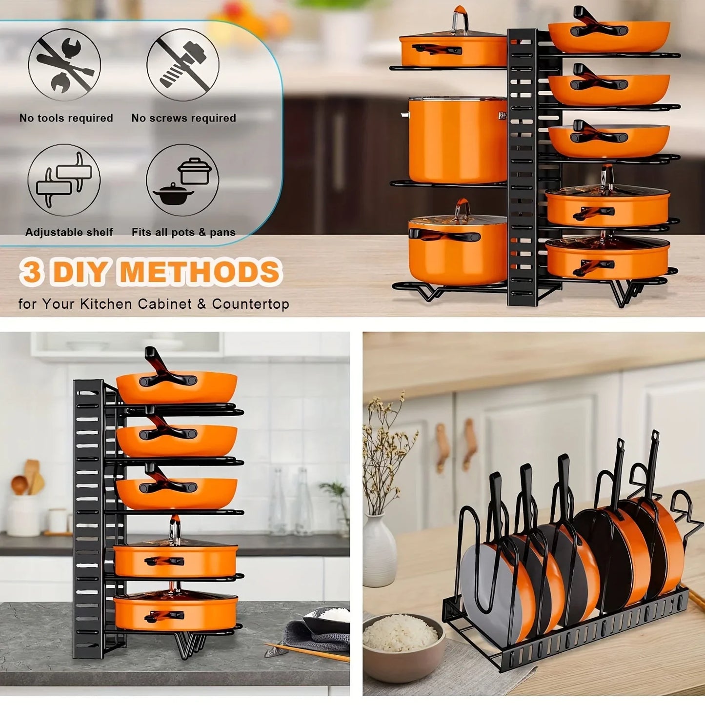 8-Tier Duty Pot Rack Organizer Durable Metal,Space-saving Cabinet Holder for Pots,Pans and lids-Keep Your Kitchen Neat