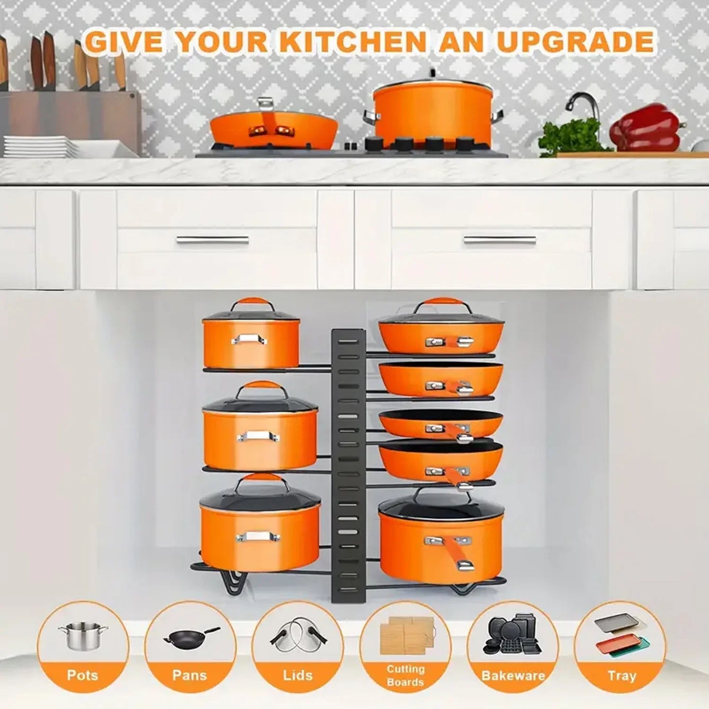 8-Tier Duty Pot Rack Organizer Durable Metal,Space-saving Cabinet Holder for Pots,Pans and lids-Keep Your Kitchen Neat