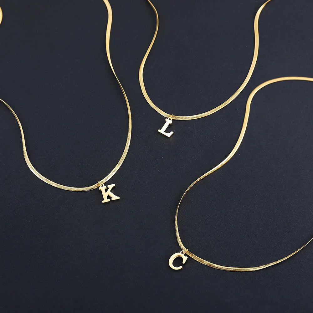 A-Z Alphabet Gold Plated Stainless Steel Pendant Necklace for Women Snake Chain Initial Letter Clavicle Necklaces