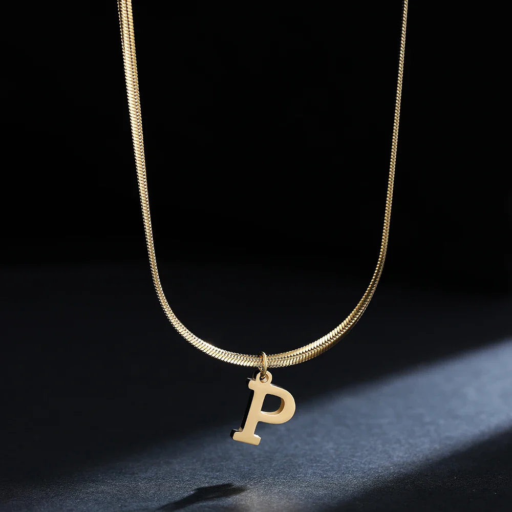 A-Z Alphabet Gold Plated Stainless Steel Pendant Necklace for Women Snake Chain Initial Letter Clavicle Necklaces