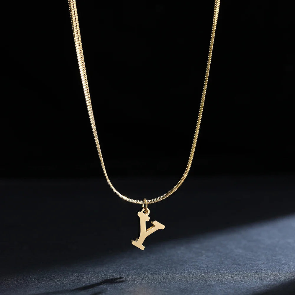 A-Z Alphabet Gold Plated Stainless Steel Pendant Necklace for Women Snake Chain Initial Letter Clavicle Necklaces