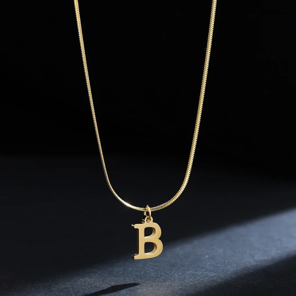 A-Z Alphabet Gold Plated Stainless Steel Pendant Necklace for Women Snake Chain Initial Letter Clavicle Necklaces