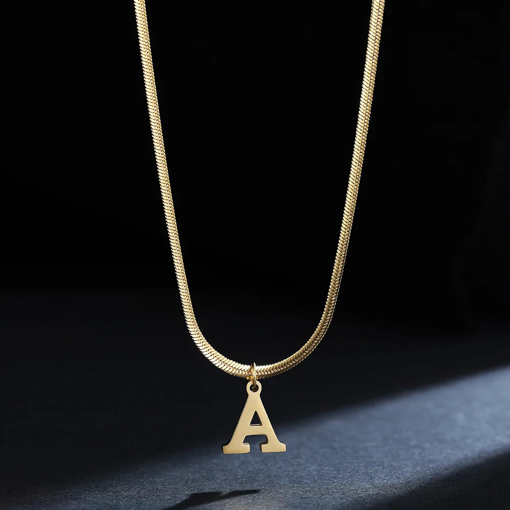 A-Z Alphabet Gold Plated Stainless Steel Pendant Necklace for Women Snake Chain Initial Letter Clavicle Necklaces