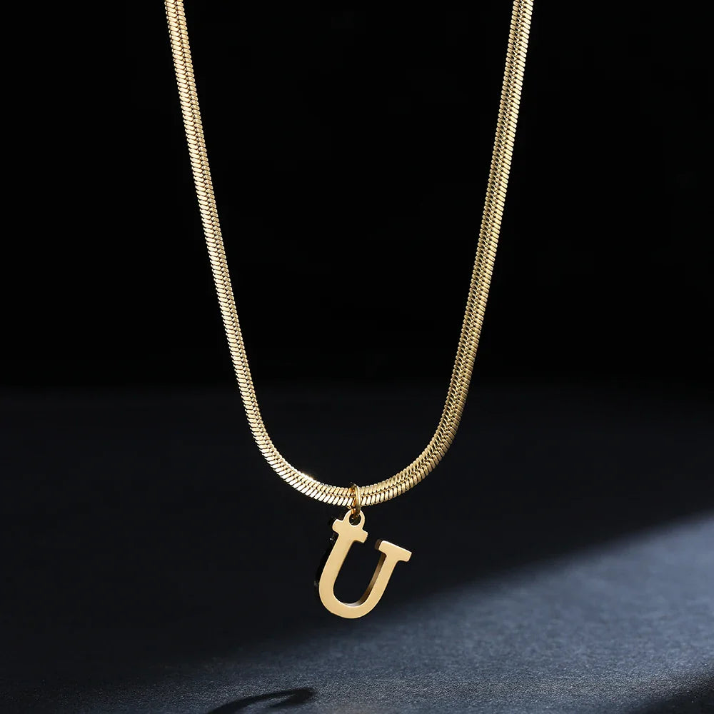 A-Z Alphabet Gold Plated Stainless Steel Pendant Necklace for Women Snake Chain Initial Letter Clavicle Necklaces