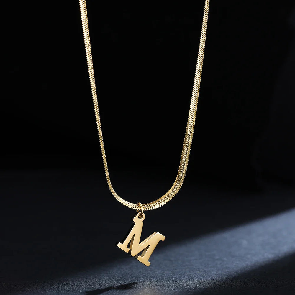 A-Z Alphabet Gold Plated Stainless Steel Pendant Necklace for Women Snake Chain Initial Letter Clavicle Necklaces