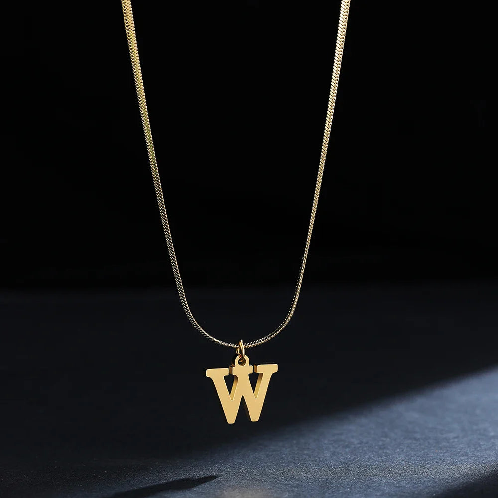 A-Z Alphabet Gold Plated Stainless Steel Pendant Necklace for Women Snake Chain Initial Letter Clavicle Necklaces