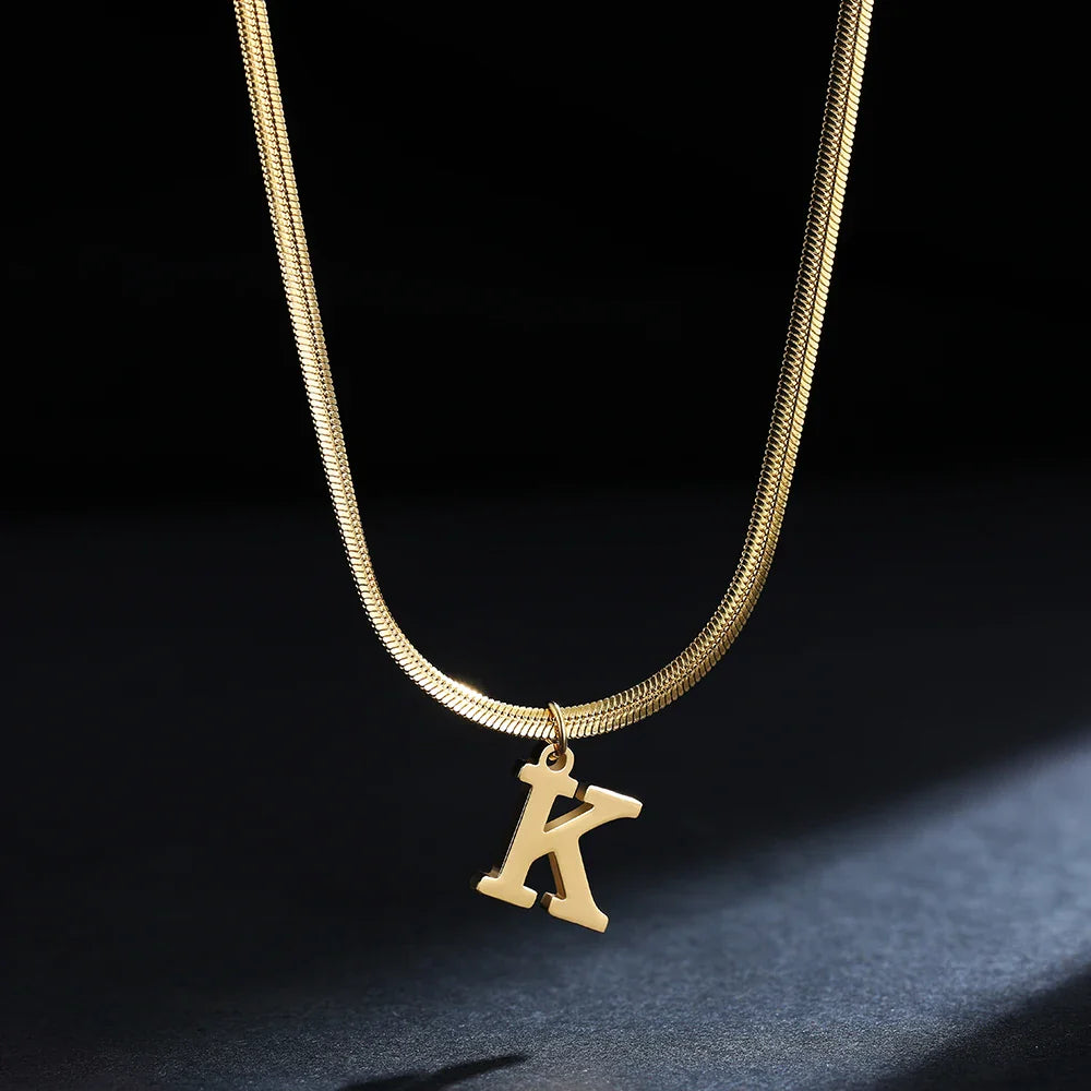 A-Z Alphabet Gold Plated Stainless Steel Pendant Necklace for Women Snake Chain Initial Letter Clavicle Necklaces