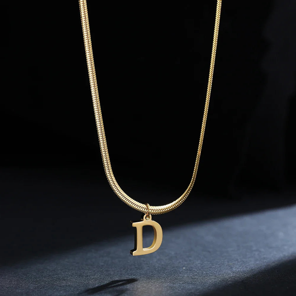 A-Z Alphabet Gold Plated Stainless Steel Pendant Necklace for Women Snake Chain Initial Letter Clavicle Necklaces