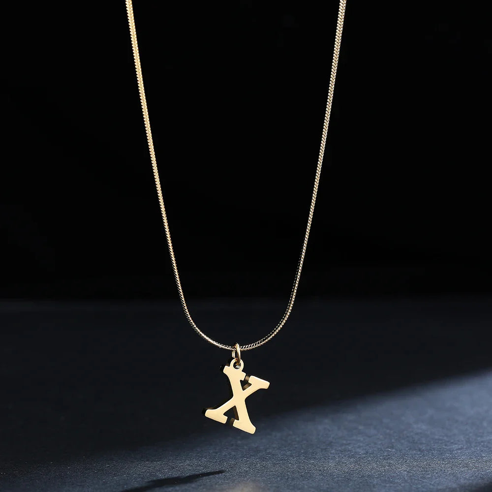 A-Z Alphabet Gold Plated Stainless Steel Pendant Necklace for Women Snake Chain Initial Letter Clavicle Necklaces