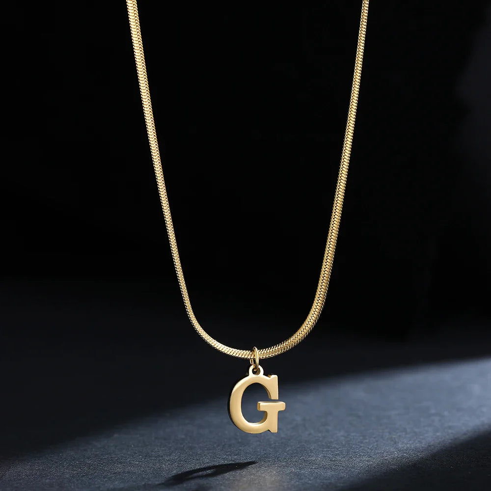 A-Z Alphabet Gold Plated Stainless Steel Pendant Necklace for Women Snake Chain Initial Letter Clavicle Necklaces